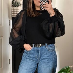 Sheer Balloon Sleeve Black Knit Top